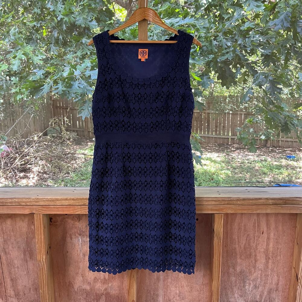 Tory Burch Women's Navy Blue Geometric Lace Overlay Sheath Dress Size 14
